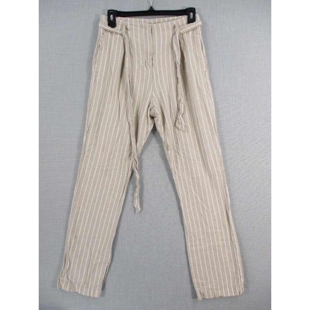 Striped Beige ReVamped Womens Pants With Tie-Waist & Pockets Size S Cotton Blend